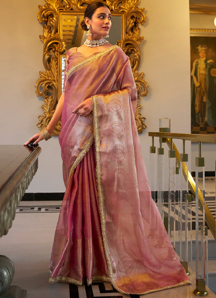 Wedding Wear Tissue Silk Zari Weaving Light Pink Saree
