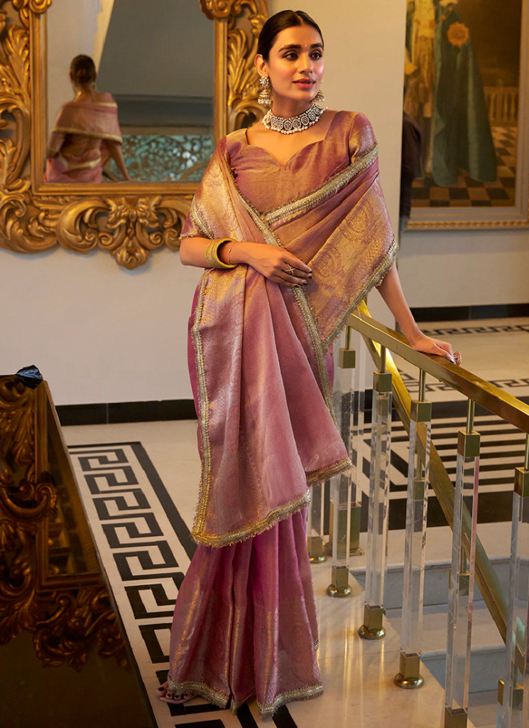 Wedding Wear Tissue Silk Zari Weaving Light Pink Saree