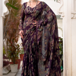 Wine Viscose Brasso Floral Printed Saree With Blouse Set