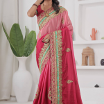 Embroidered Work Silk Red And Peach Shaded Saree With Blouse