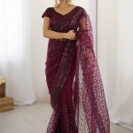 Sequence Work Net Reception Wear Wine Saree With Blouse
