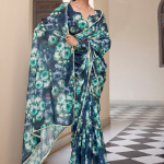 Georgette Floral Printed Navy Blue Saree With Blouse