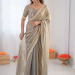 Beads Work Blouse With Fendy Silk Grey Saree For Women