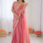 Party Wear Fendi Silk Light Pink Saree With Embroidered Blouse