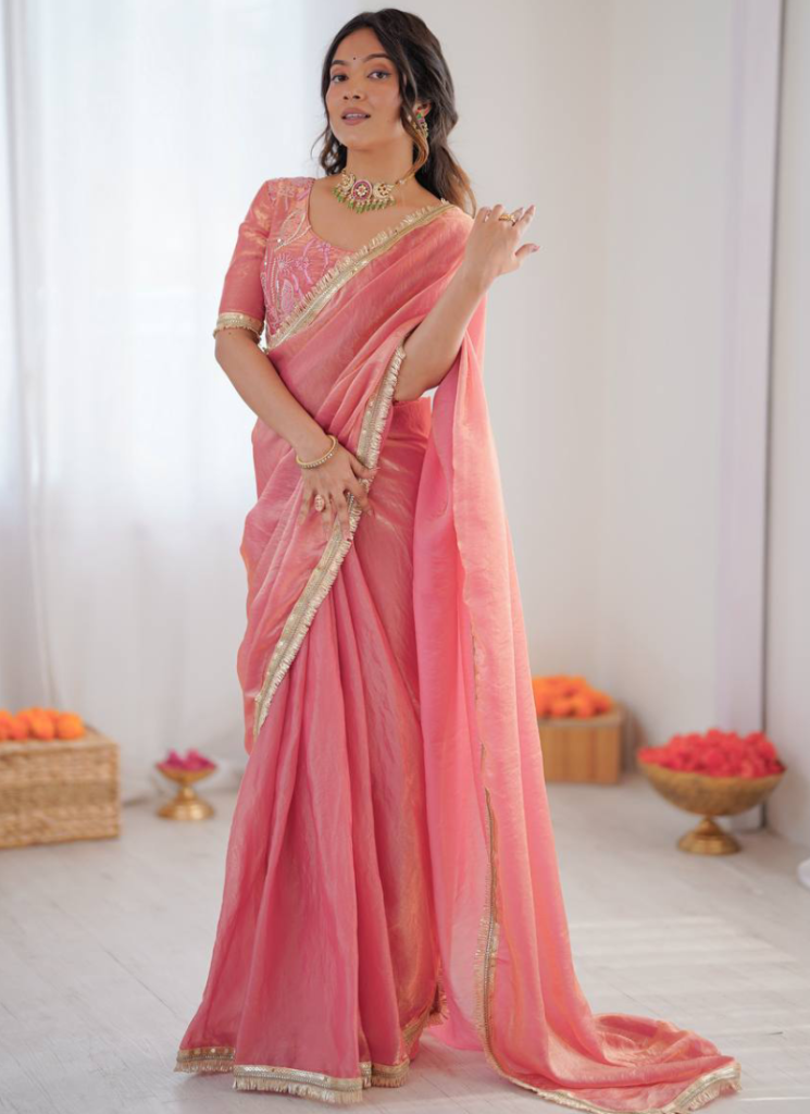 Party Wear Fendi Silk Light Pink Saree With Embroidered Blouse