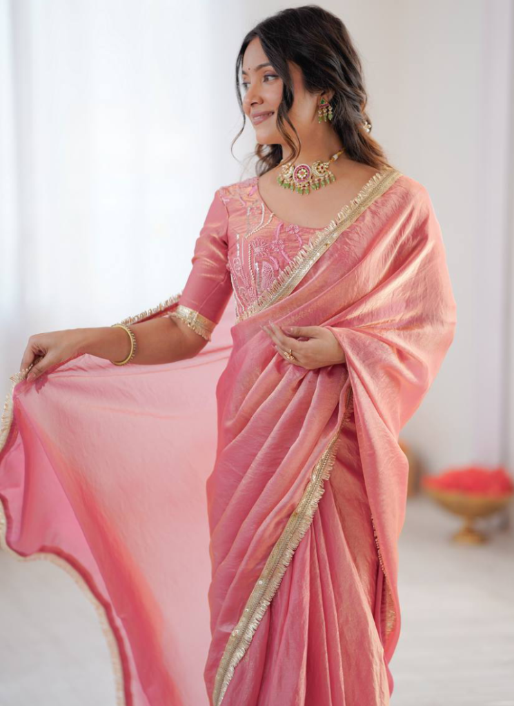 Party Wear Fendi Silk Light Pink Saree With Embroidered Blouse