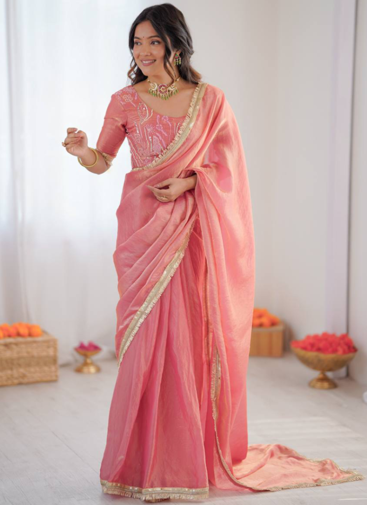 Party Wear Fendi Silk Light Pink Saree With Embroidered Blouse
