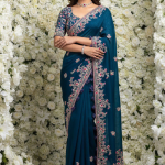 Embroidered Teal Blue Rangoli Silk Heavy Saree With Blouse