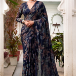 Floral Design Viscose Brasso Navy Blue Saree With Blouse