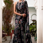 Floral Brasso Printed Party Wear Designer Black Saree With Blouse
