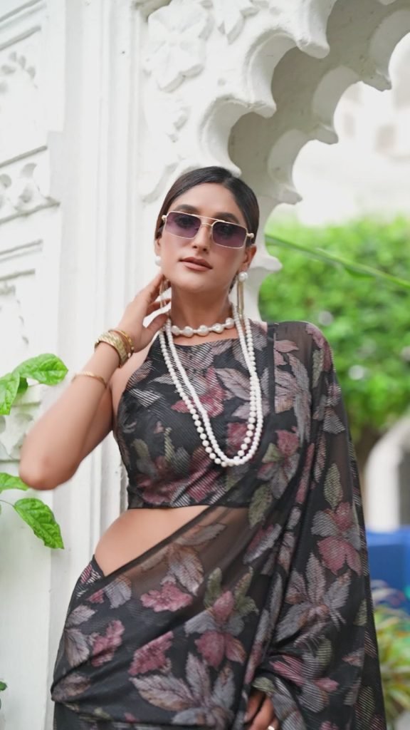 Floral Brasso Printed Party Wear Designer Black Saree With Blouse