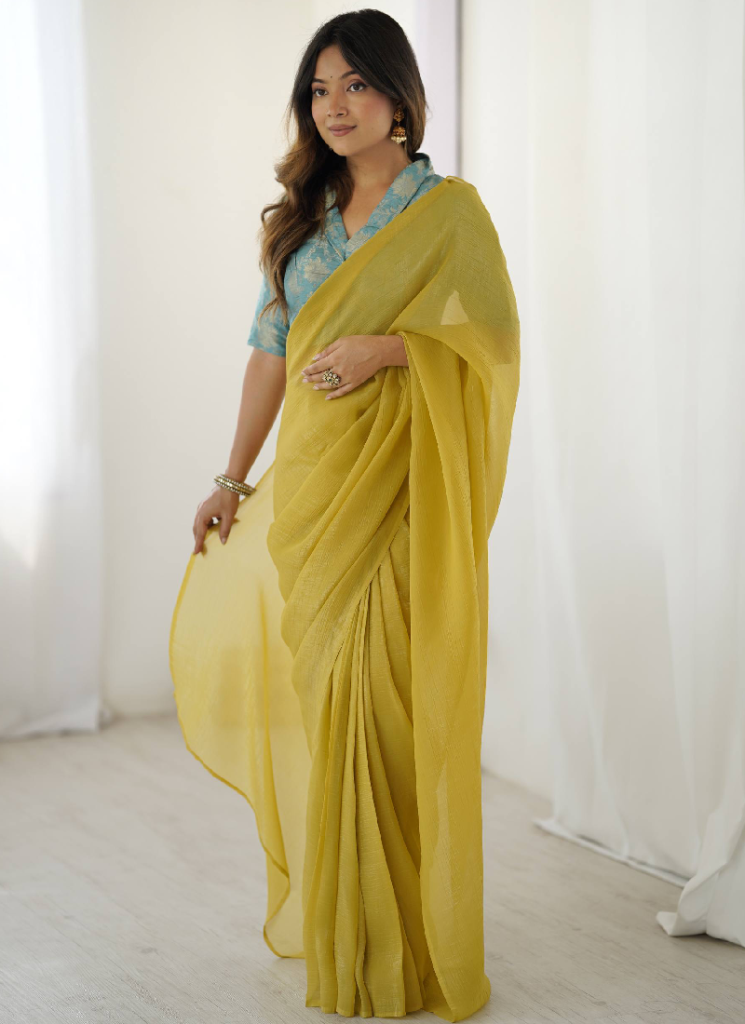 Banarasi Silk Blouse With Ready To Wear Silk Yellow Sari