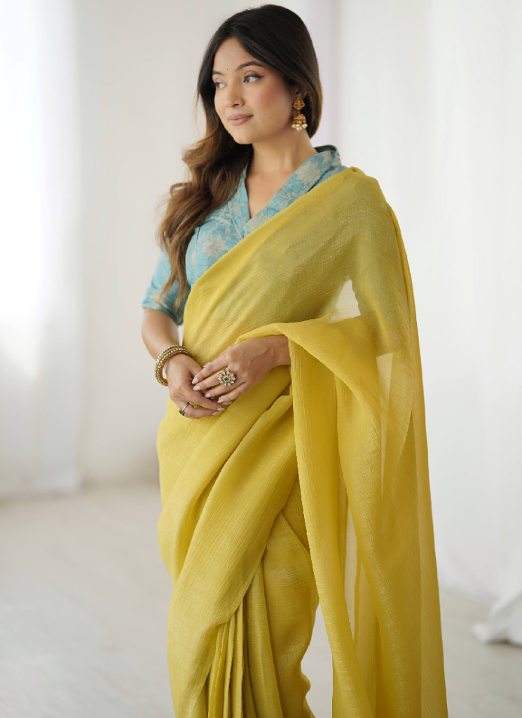 Banarasi Silk Blouse With Ready To Wear Silk Yellow Sari