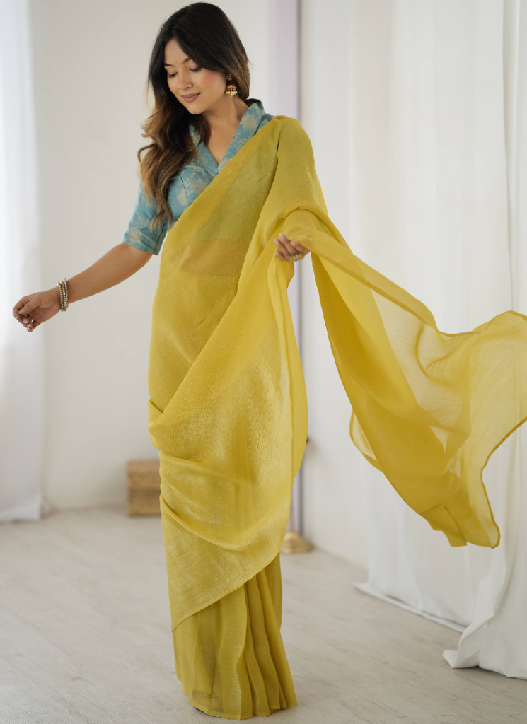 Banarasi Silk Blouse With Ready To Wear Silk Yellow Sari