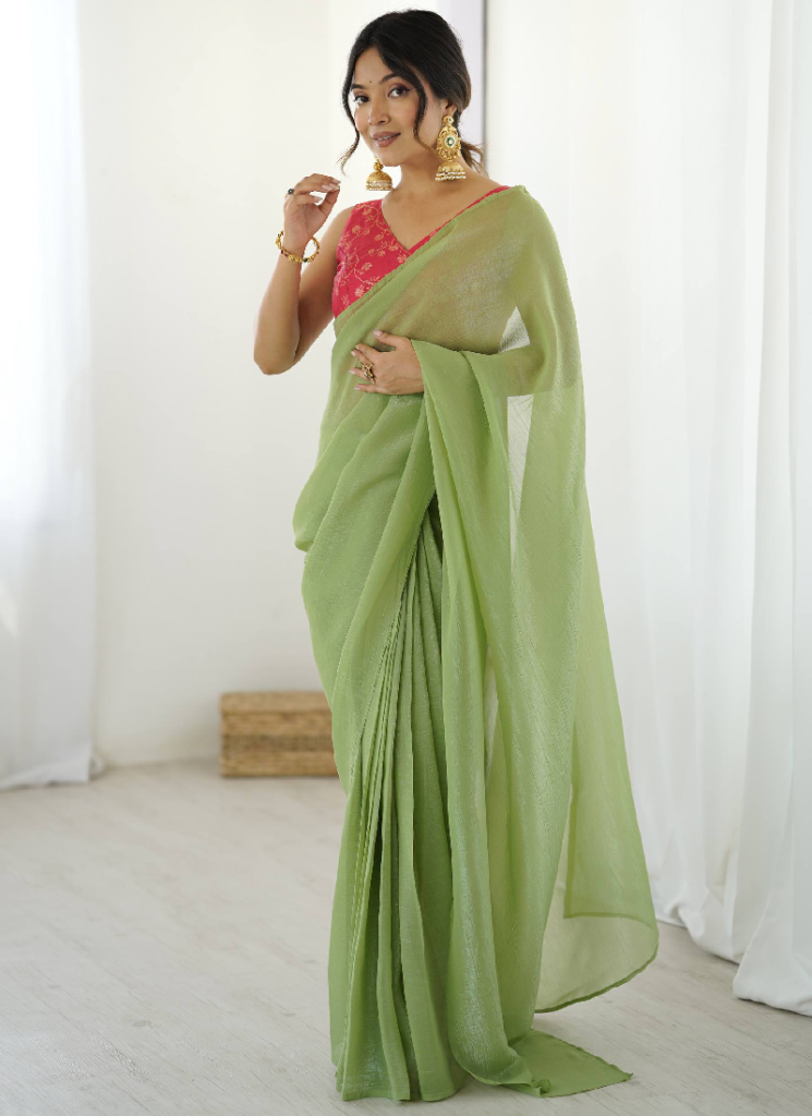 Pista Green Silk Saree With Banarasi Silk Blouse