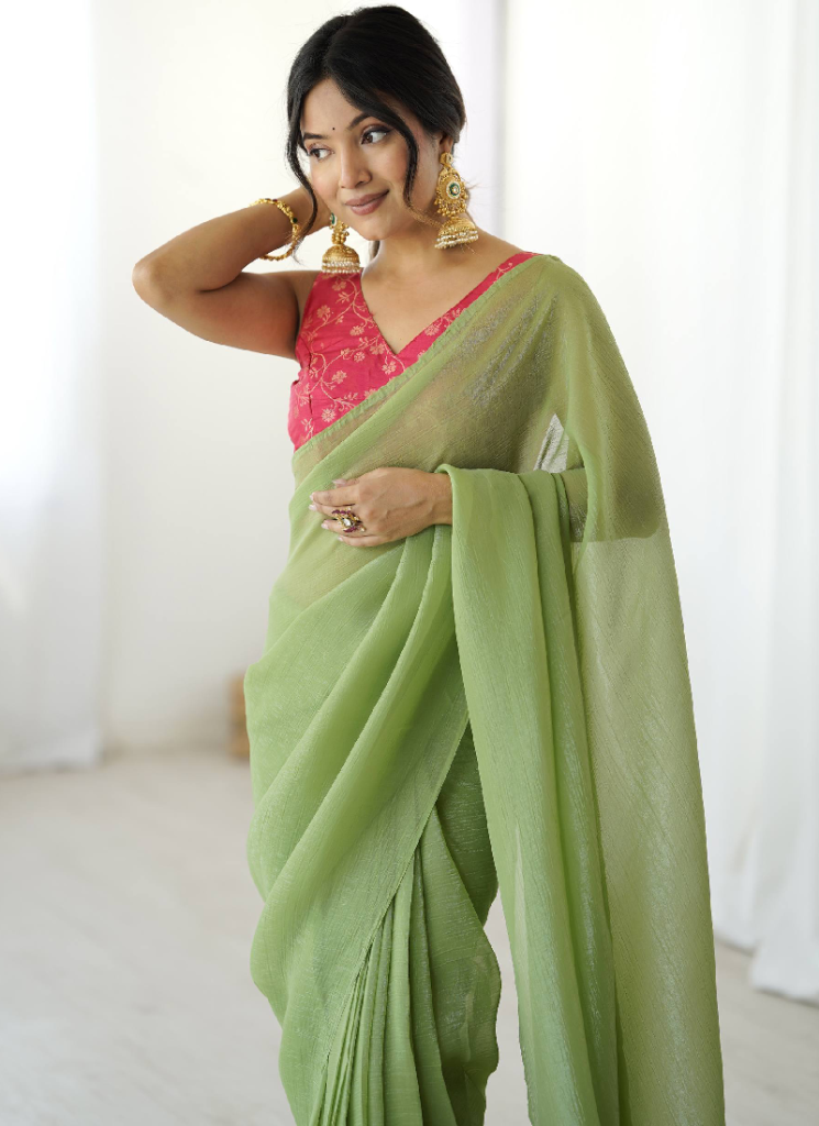 Pista Green Silk Saree With Banarasi Silk Blouse