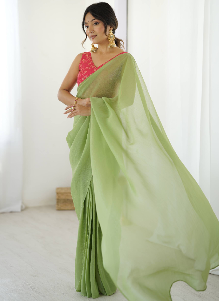 Pista Green Silk Saree With Banarasi Silk Blouse