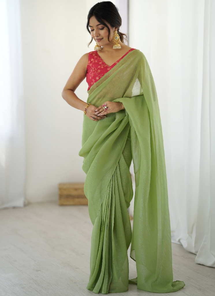 Pista Green Silk Saree With Banarasi Silk Blouse