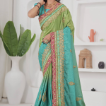 Chinon Silk Coding Work Parrot Green Saree With Blouse