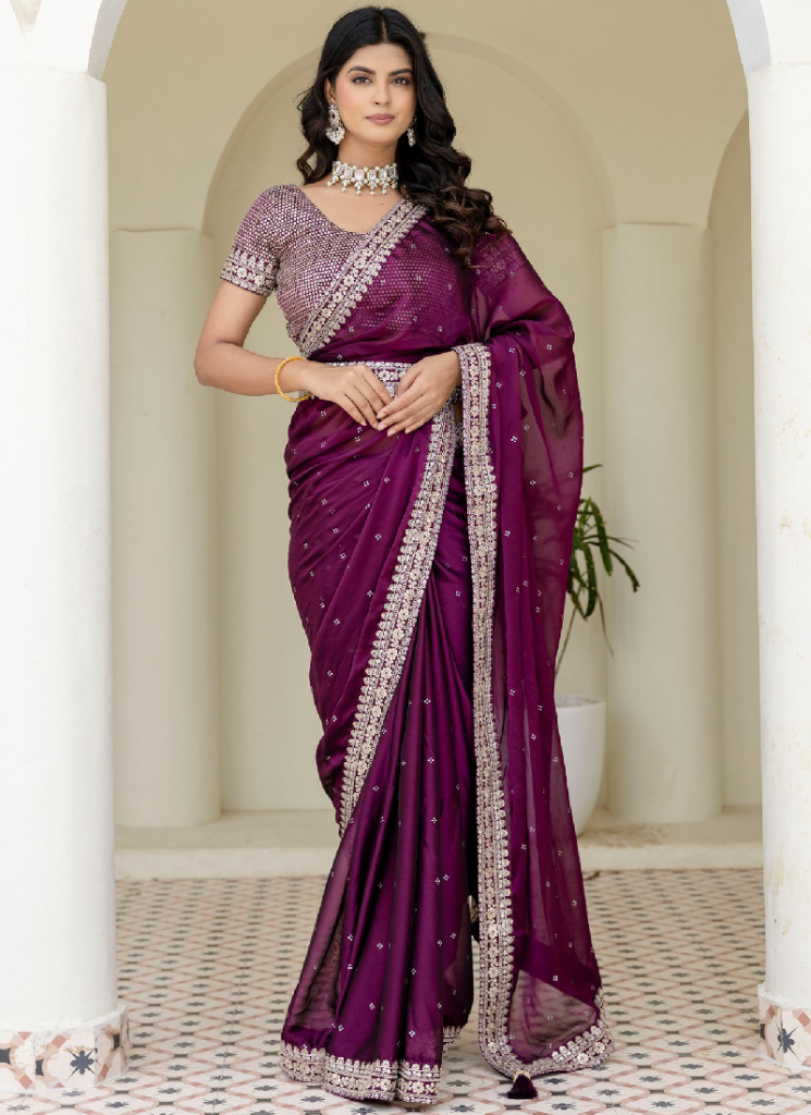 Captivating Sequence Work Silk Wine Saree With Blouse