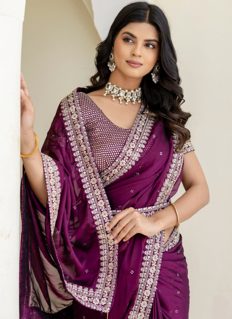 Captivating Sequence Work Silk Wine Saree With Blouse