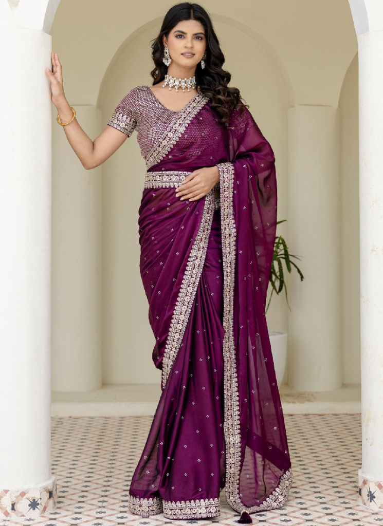 Captivating Sequence Work Silk Wine Saree With Blouse