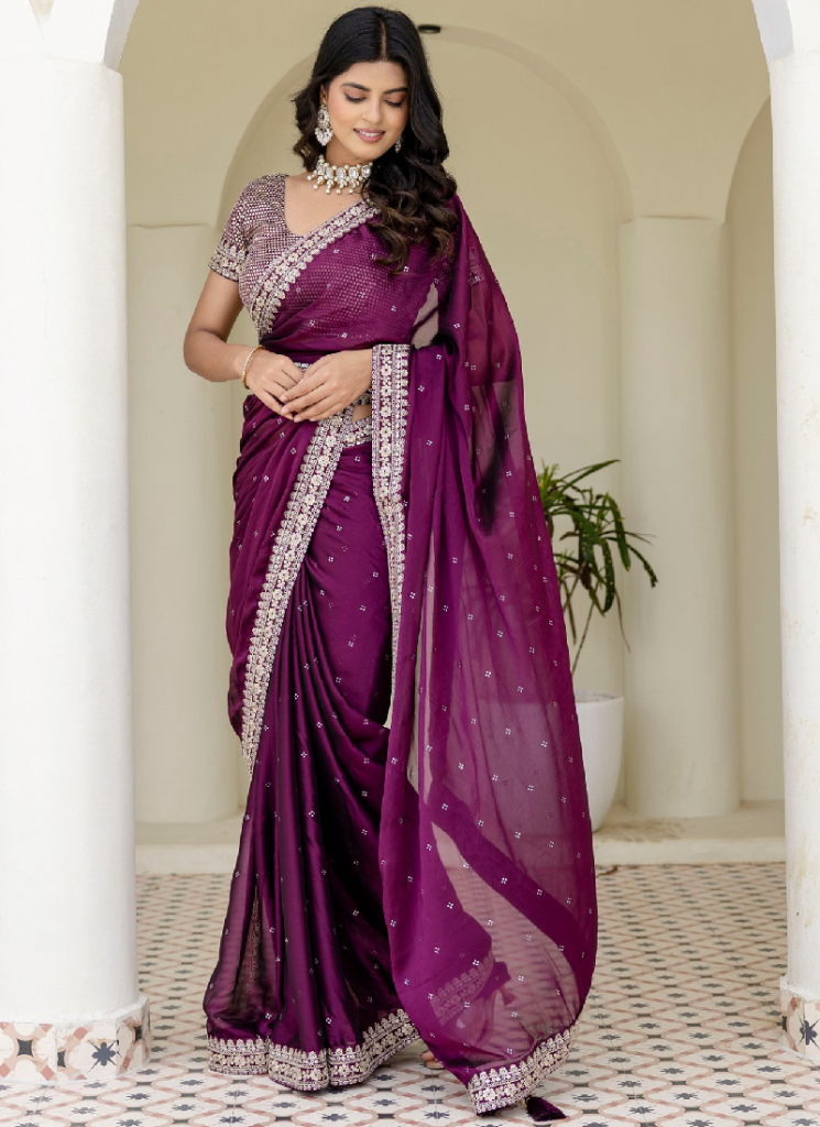 Captivating Sequence Work Silk Wine Saree With Blouse