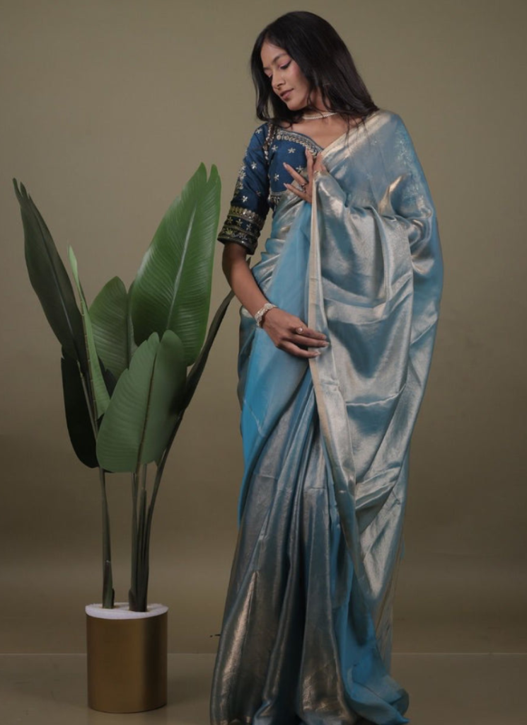 Organza Light Blue Saree With Sequence Embroidered Blouse