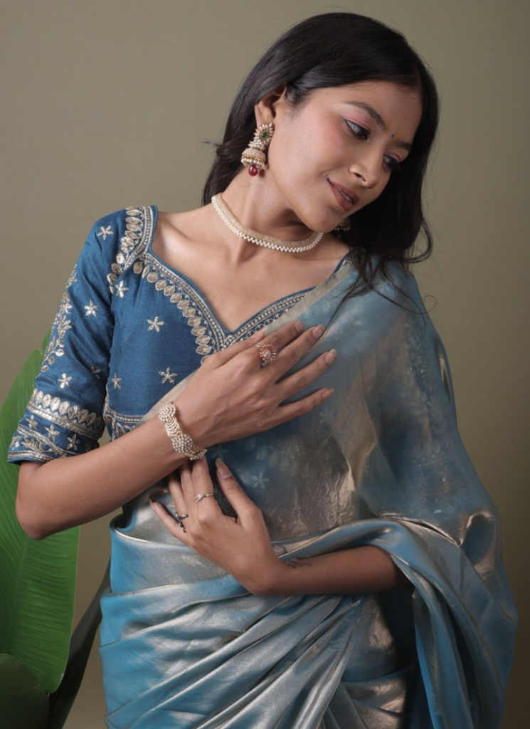 Organza Light Blue Saree With Sequence Embroidered Blouse