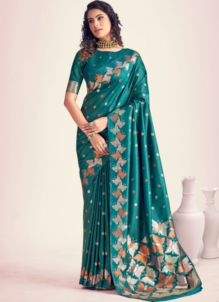 Teal Green Zari Weaving Work Banarasi Silk With Blouse