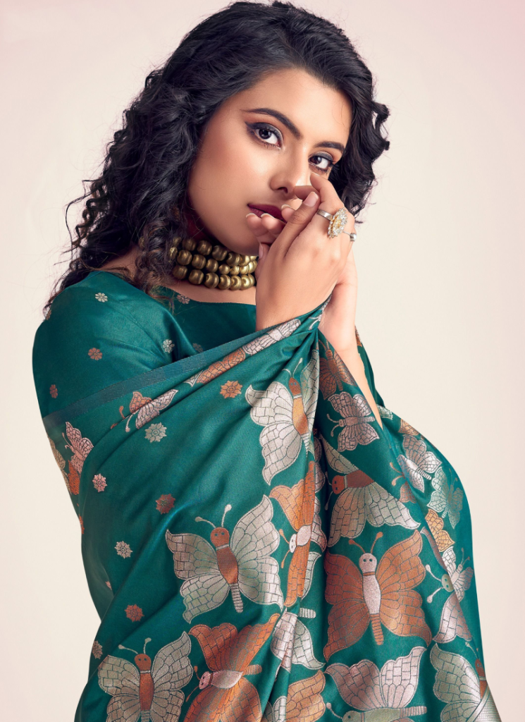 Teal Green Zari Weaving Work Banarasi Silk With Blouse
