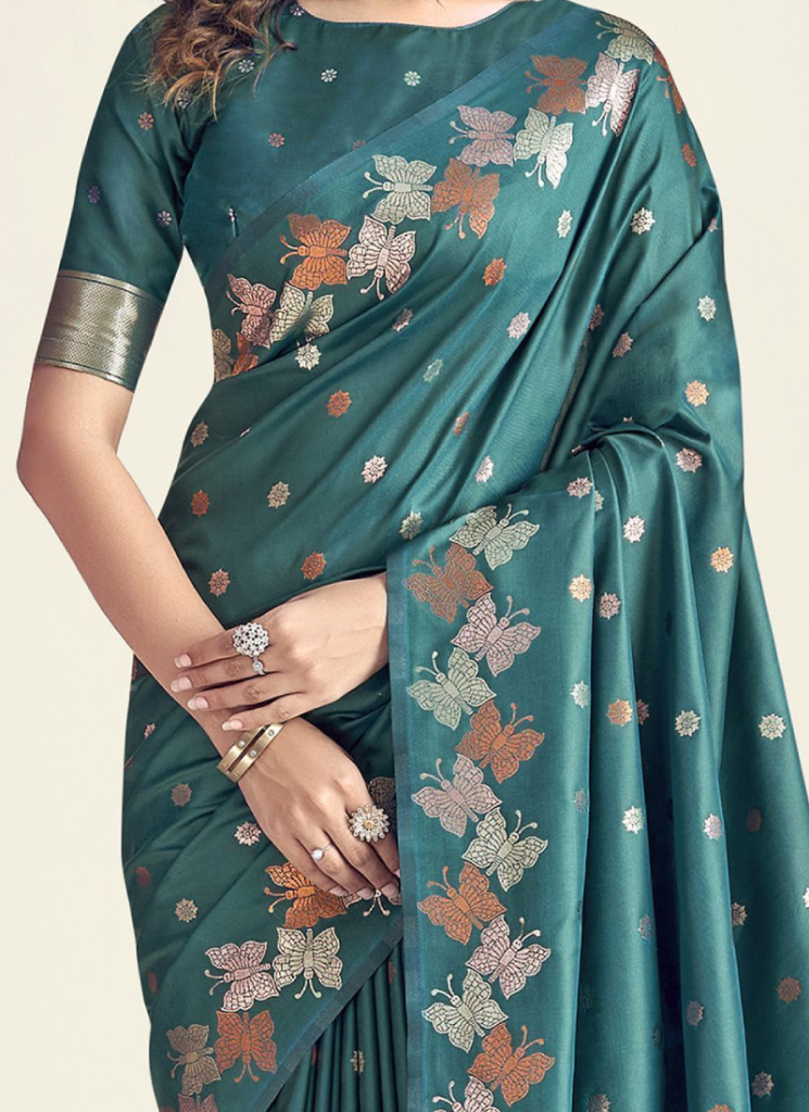 Teal Green Zari Weaving Work Banarasi Silk With Blouse