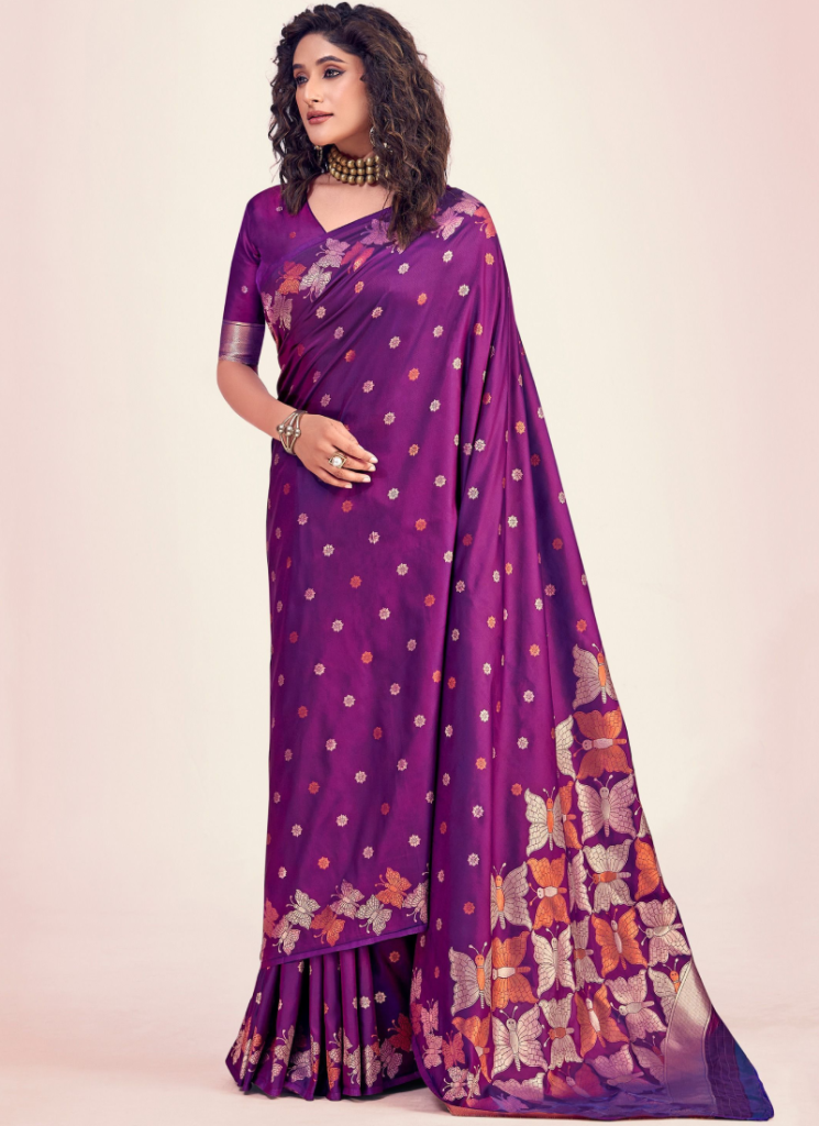 Purple Banarasi Saree In Zari Weaving Work For Wedding