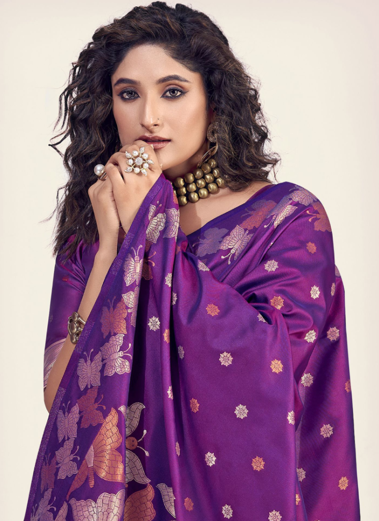 Purple Banarasi Saree In Zari Weaving Work For Wedding