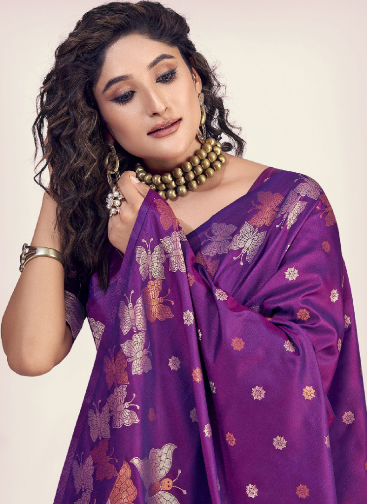 Purple Banarasi Saree In Zari Weaving Work For Wedding