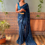 Teal Blue Sequence Work Georgette Party Wear Saree
