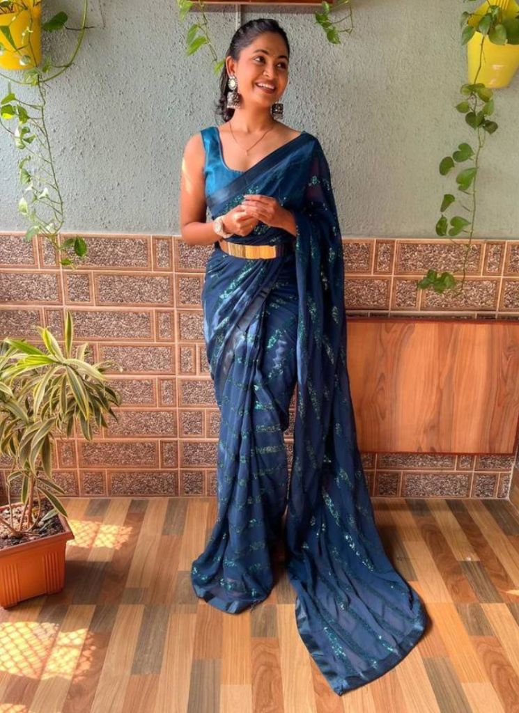 Teal Blue Sequence Work Georgette Party Wear Saree