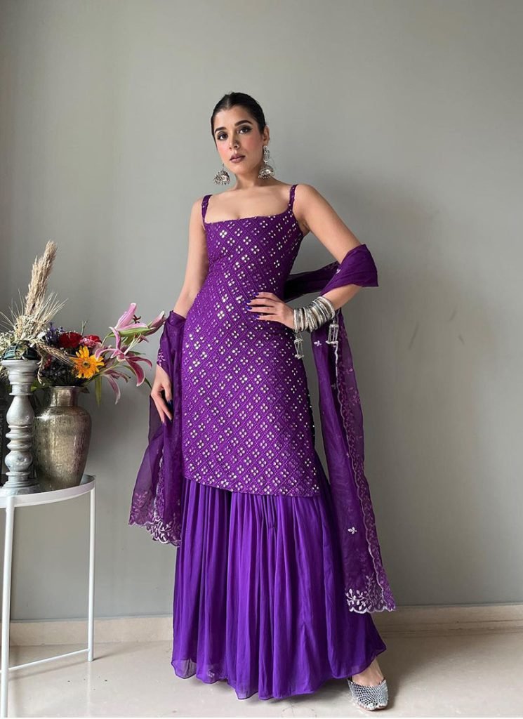 Stylish Purple Sequins Georgette Sharara Suit