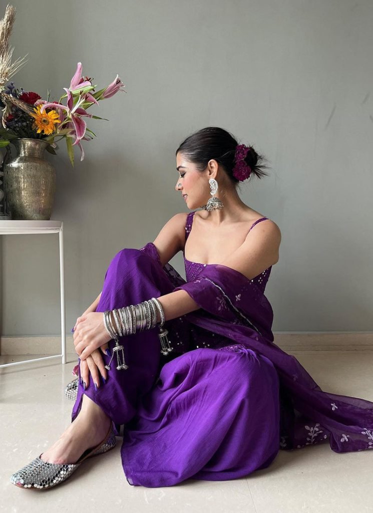 Stylish Purple Sequins Georgette Sharara Suit
