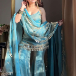 Real Mirror Work Fendy Silk Sky Blue Party Wear Palazzo Suit