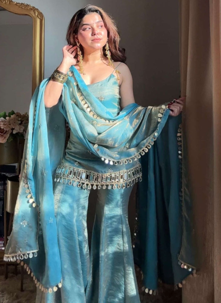 Real Mirror Work Fendy Silk Sky Blue Party Wear Palazzo Suit