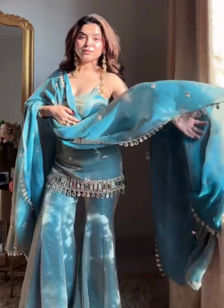 Real Mirror Work Fendy Silk Sky Blue Party Wear Palazzo Suit