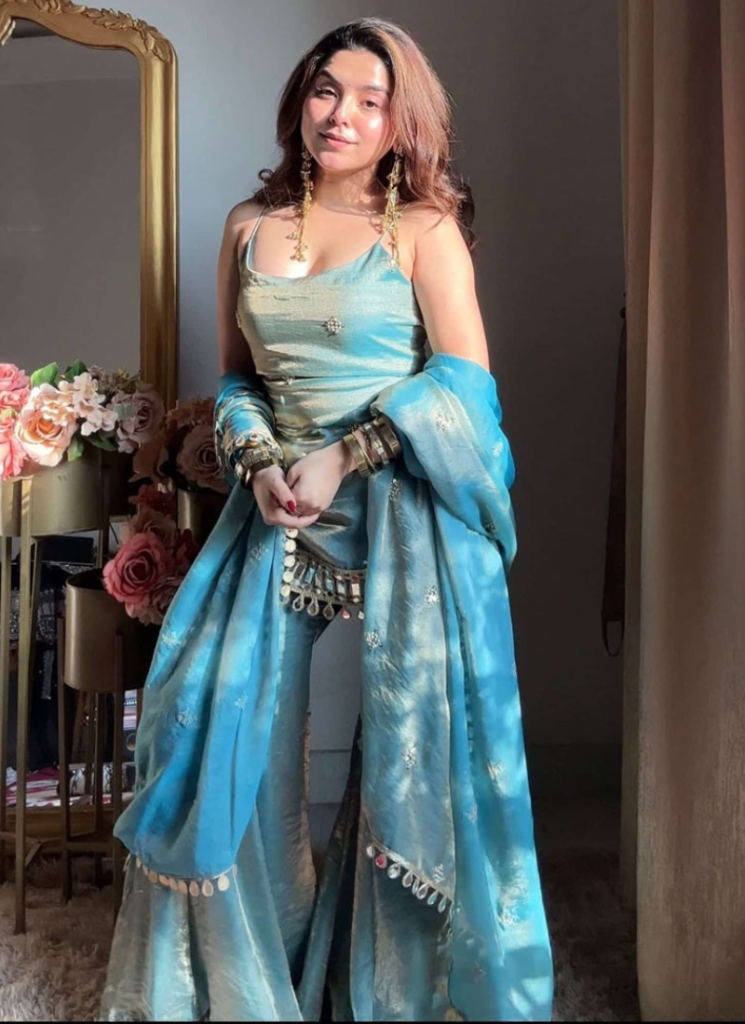 Real Mirror Work Fendy Silk Sky Blue Party Wear Palazzo Suit