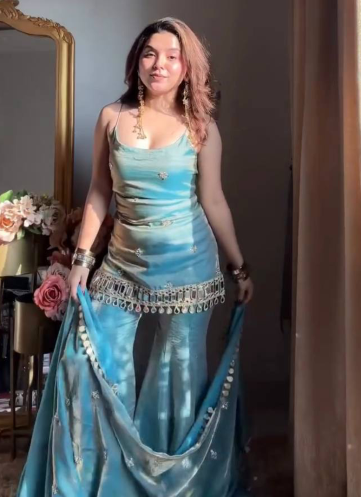 Real Mirror Work Fendy Silk Sky Blue Party Wear Palazzo Suit