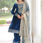 Sequence Embroidered Velvet Blue Pant Kurti With Dupatta Set