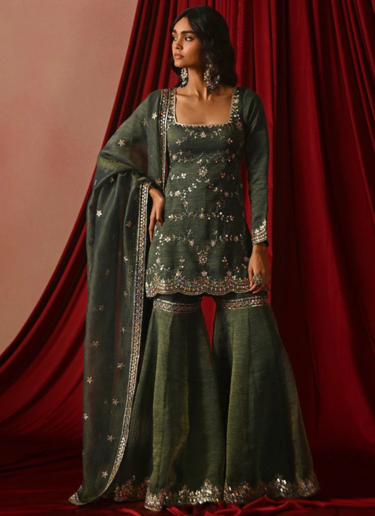 Zari Embroidery Silk Green Sharara Suit For Mehndi Ceremony