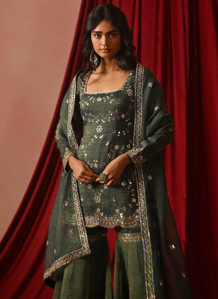 Zari Embroidery Silk Green Sharara Suit For Mehndi Ceremony