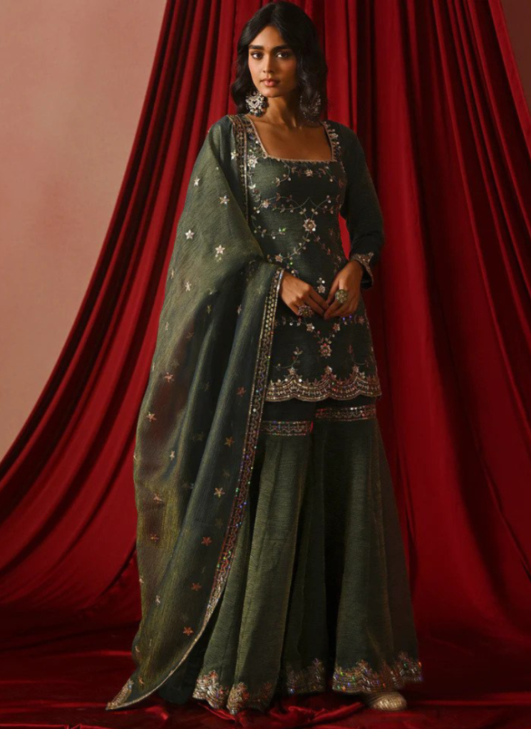 Zari Embroidery Silk Green Sharara Suit For Mehndi Ceremony