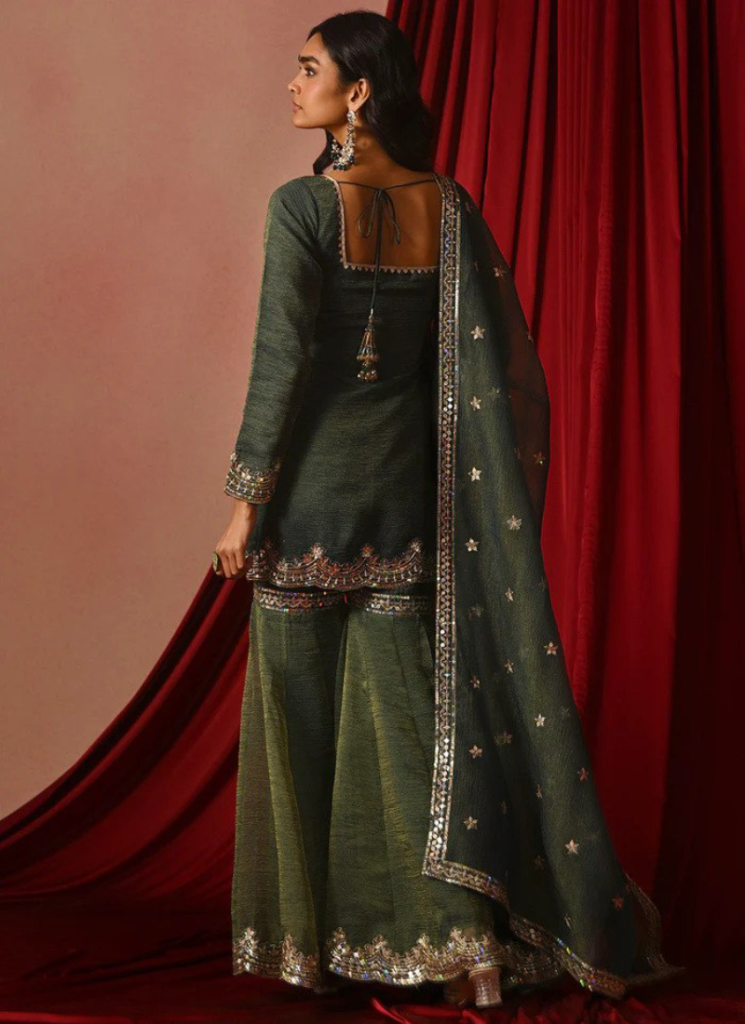 Zari Embroidery Silk Green Sharara Suit For Mehndi Ceremony