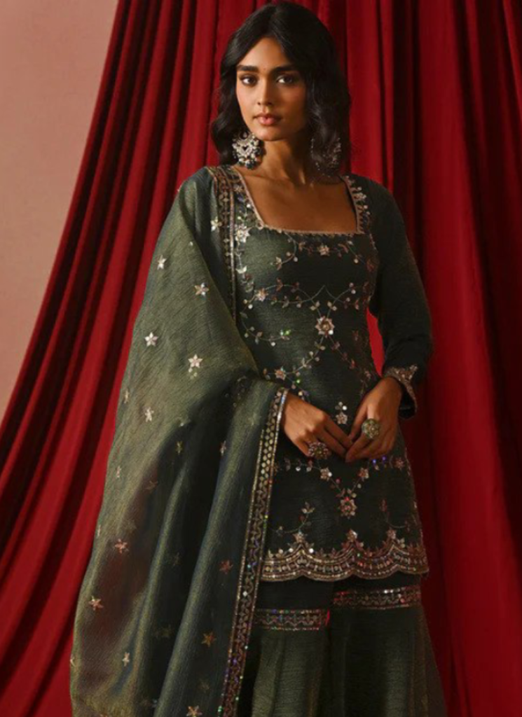 Zari Embroidery Silk Green Sharara Suit For Mehndi Ceremony